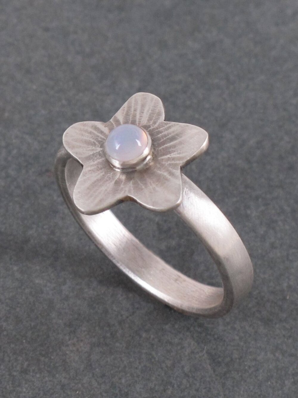 Sterling Silver 925 Flower Ring with Blue Chalcedony, Size 9, Artisan Made